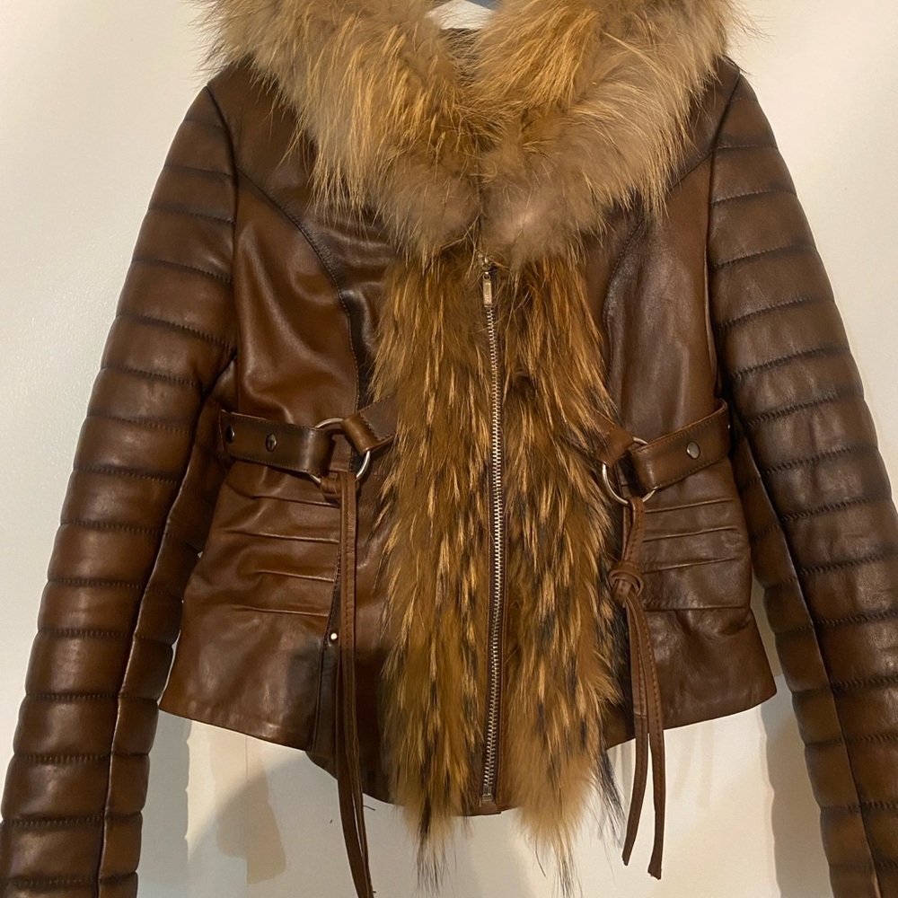 Hooded real leather brown jacket with real fur